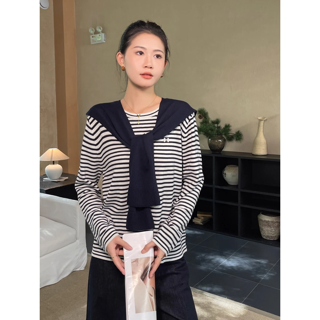圆领条纹打底衫女2025新款秋季针织长袖t恤内搭上衣披肩两件套装