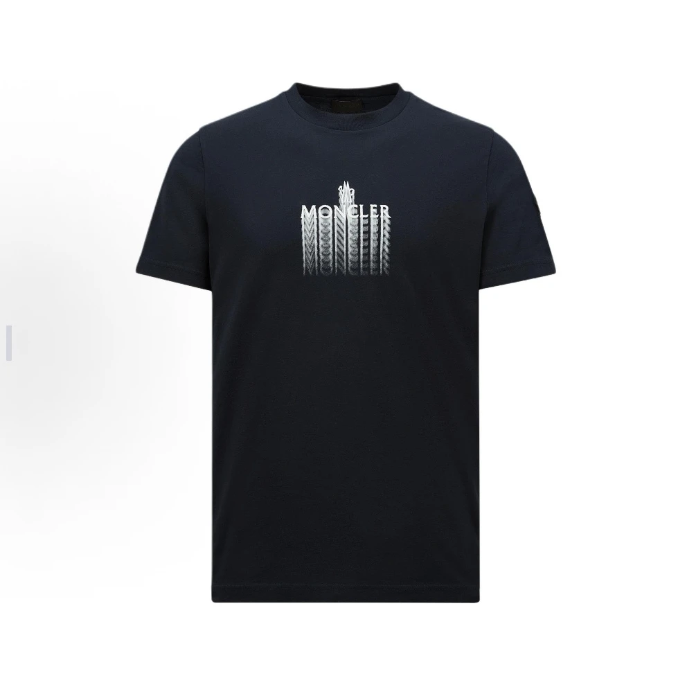 未使用 MONCLER 蒙口盟可睐海军叠影字母印花圆领休闲短袖T恤