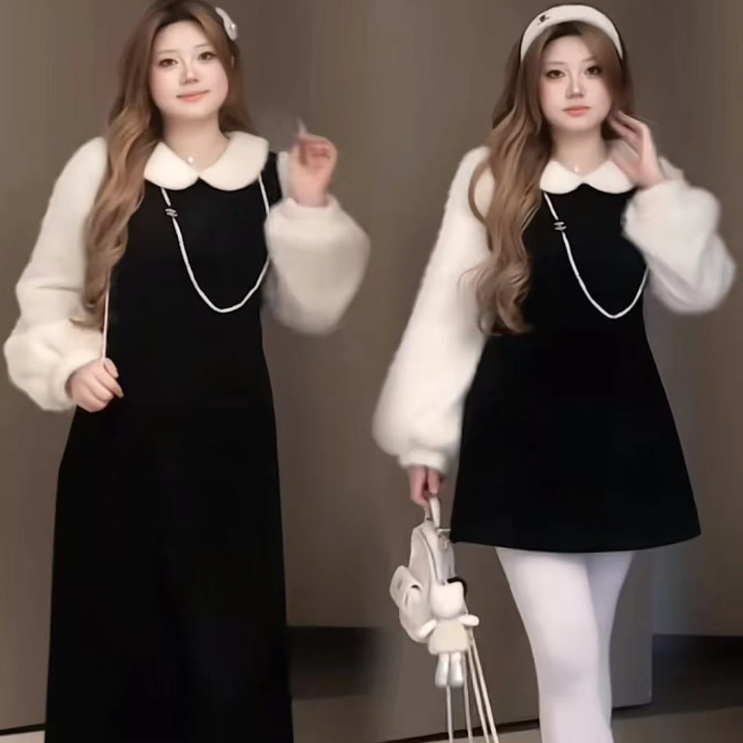 【肉肉家大码定制】[名门小乖女]冬季撞色微米短绒拼接呢子连衣裙