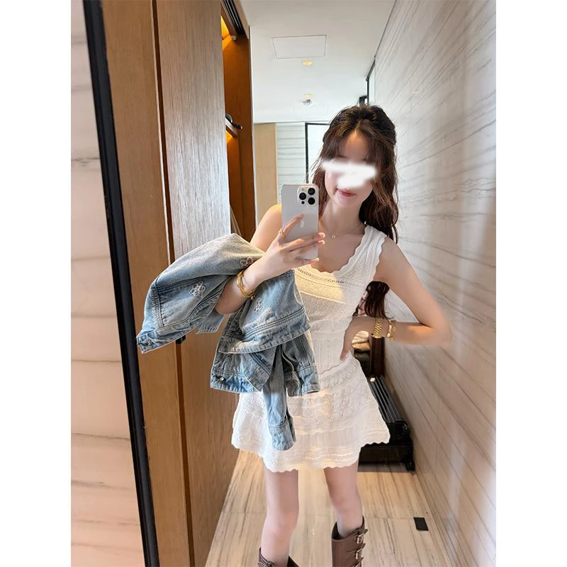 春日圆舞曲 欧若精灵风镂空镂空针织衫无袖背心裙连衣裙女夏装