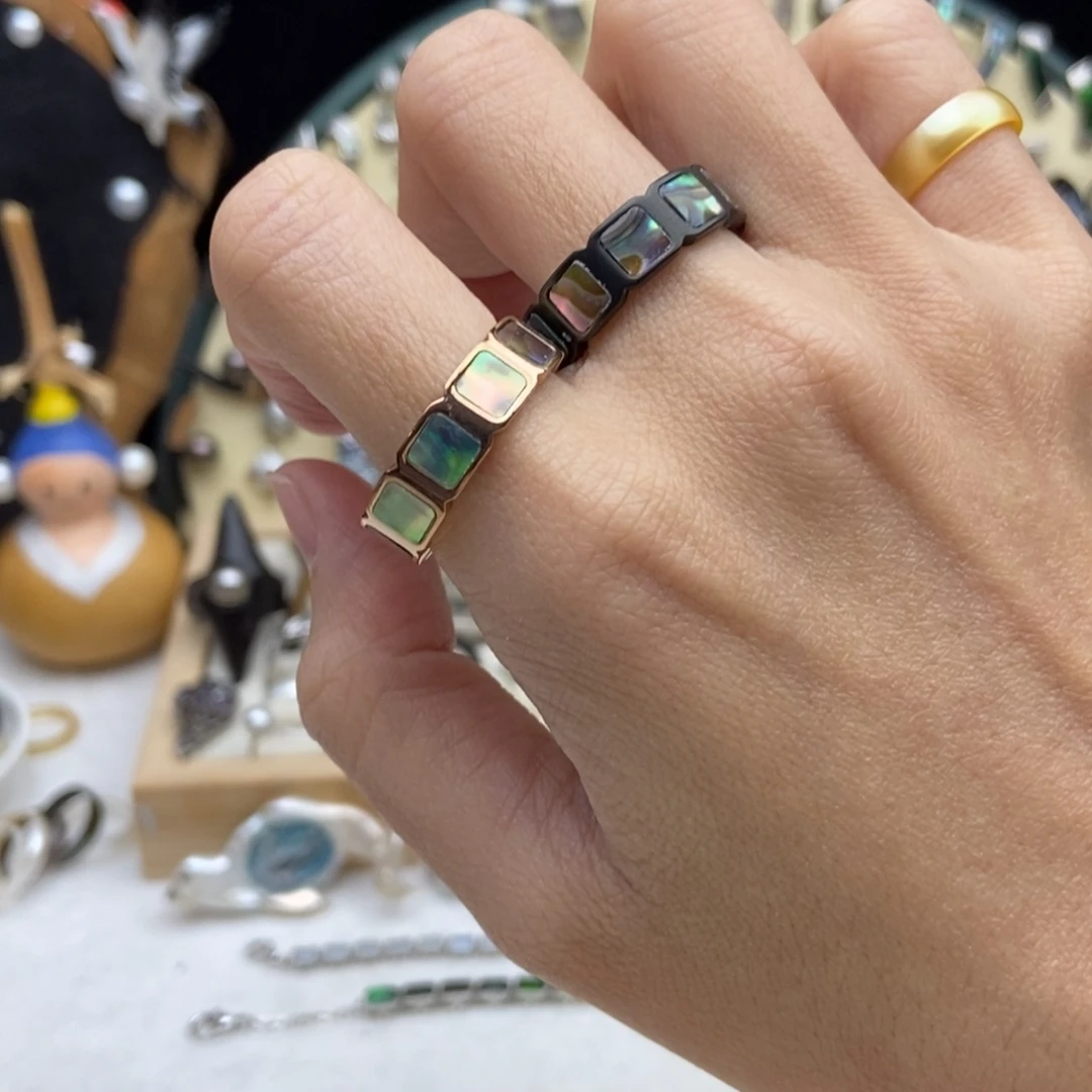 钛钢贝壳画框炫彩鲍鱼贝戒指