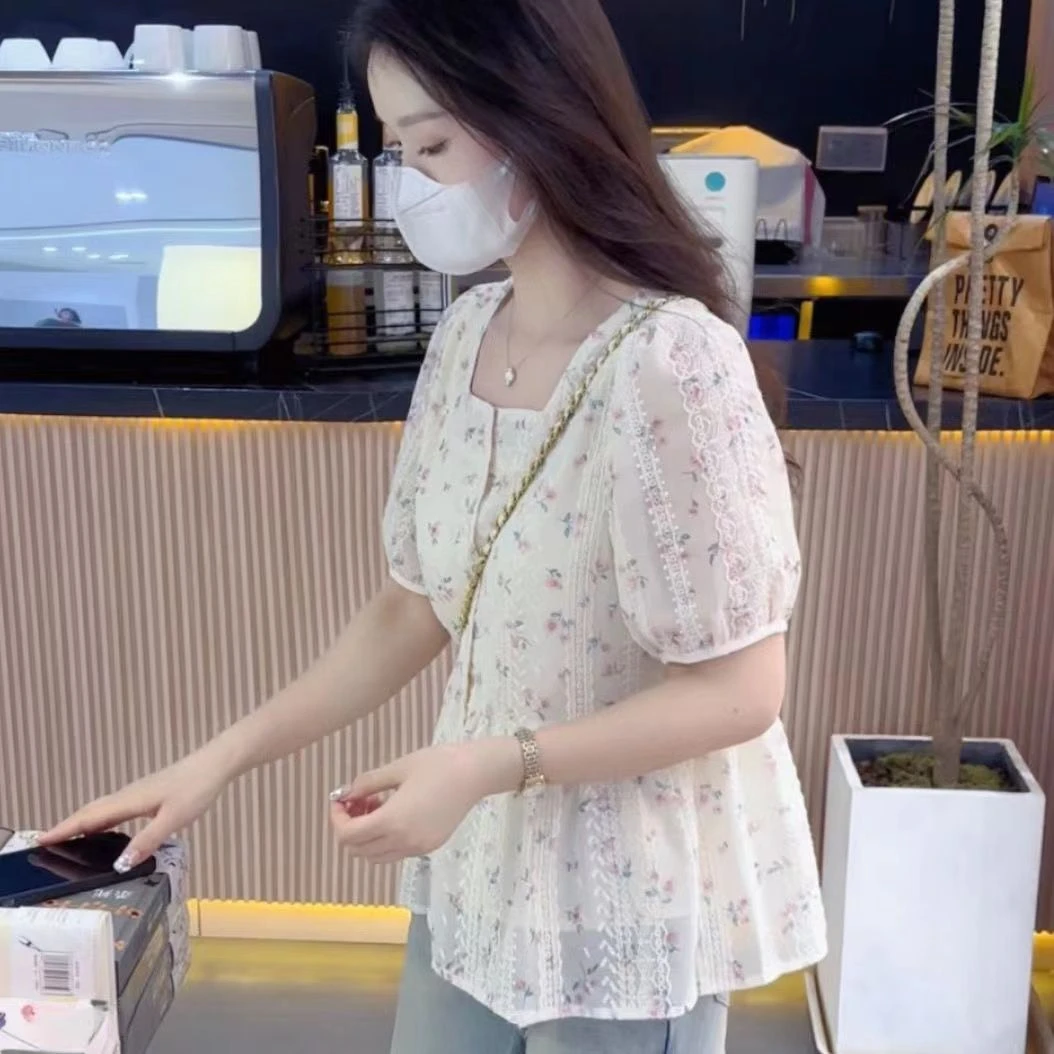 法式复古刺绣短袖衬衫女2025夏季新款荷叶边拼接百搭减龄娃娃衫潮