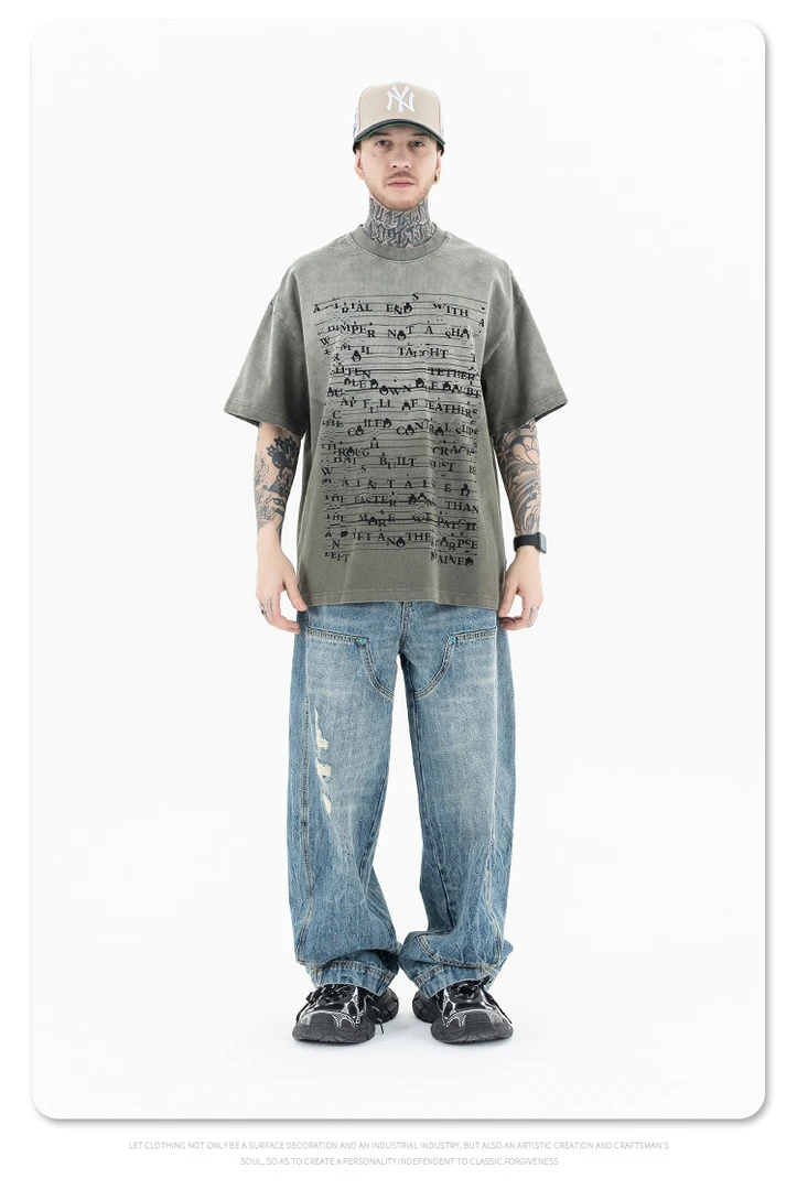 2025春夏新品欧美潮牌错乱日记字母印花竹节棉短袖T恤夏季男