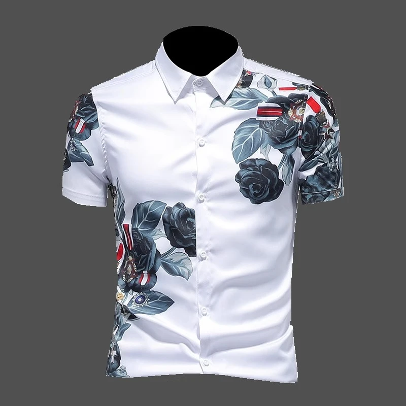 印花短袖衬衫男士夏季薄款免烫衬衣大码休闲寸衣韩版潮流修身衣服