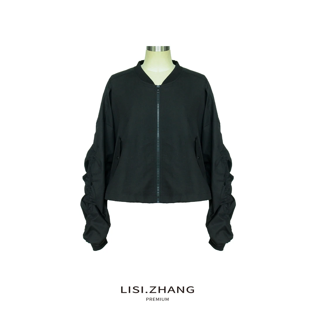 LISI.ZHANG--【抽皱袖短外套】全棉V领褶皱袖罗纹拼接短棒球服外套