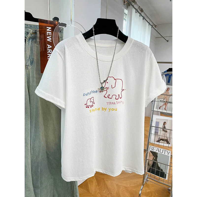 200斤刺绣大码短袖T恤女夏薄款雪花棉宽松慵懒风胖mm显瘦遮肉