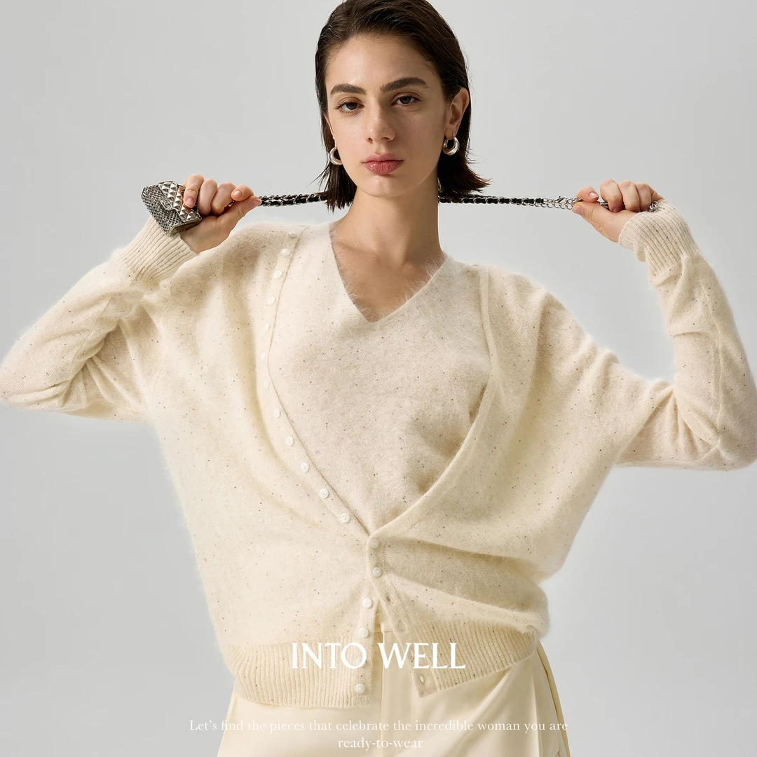 intowell重磅彩钻小珠片羊绒白厂丝纱叠穿风V领马甲/排扣长袖开衫