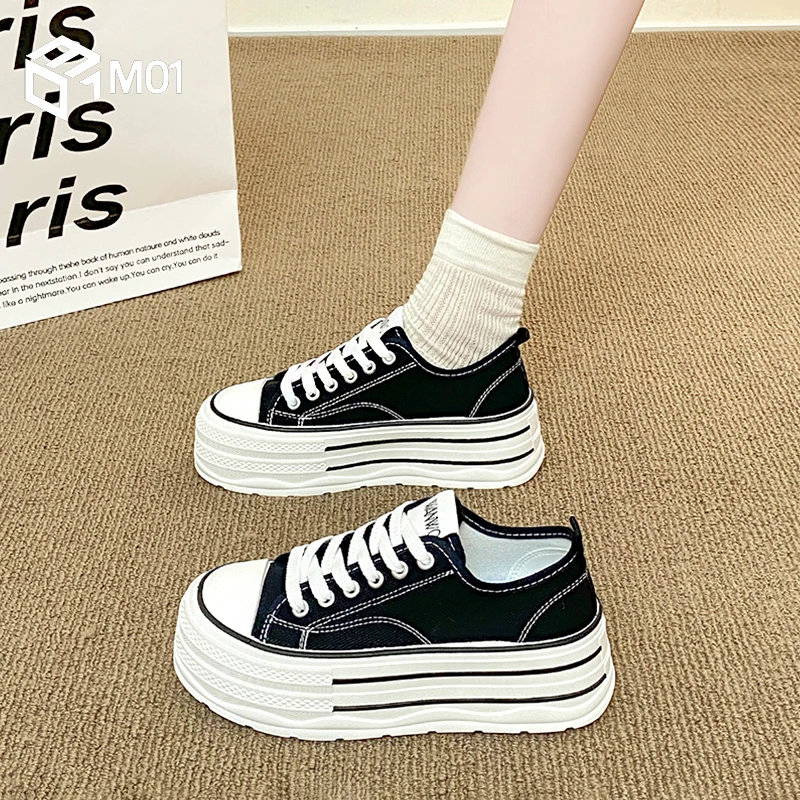 M01厚底黑色帆布鞋女新款秋季百搭运动休闲板鞋松糕增高鞋子34码