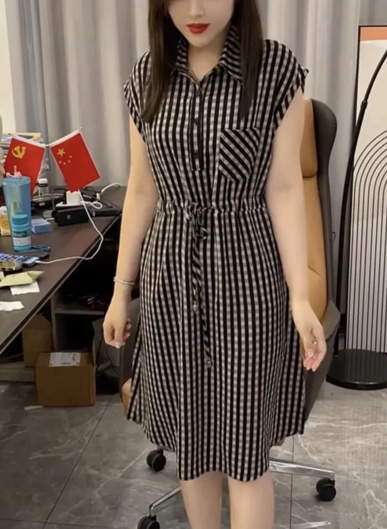 时尚新款重工艺拼接翻领系扣抽绳条纹暗格宽松韩版连衣裙遮肉显瘦