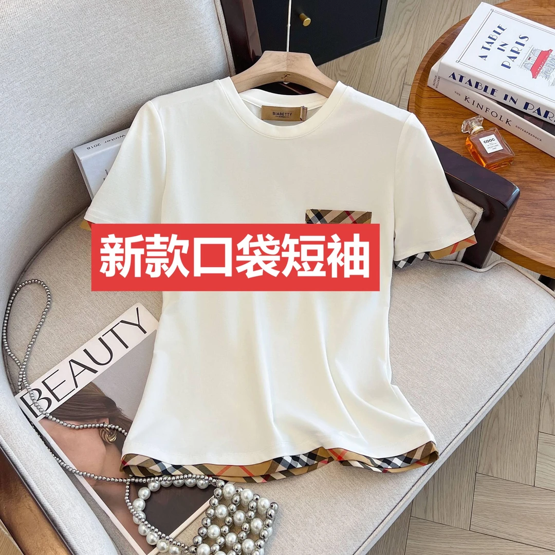 【1188】2025年夏季新款斜纹口袋短袖T恤透气女士