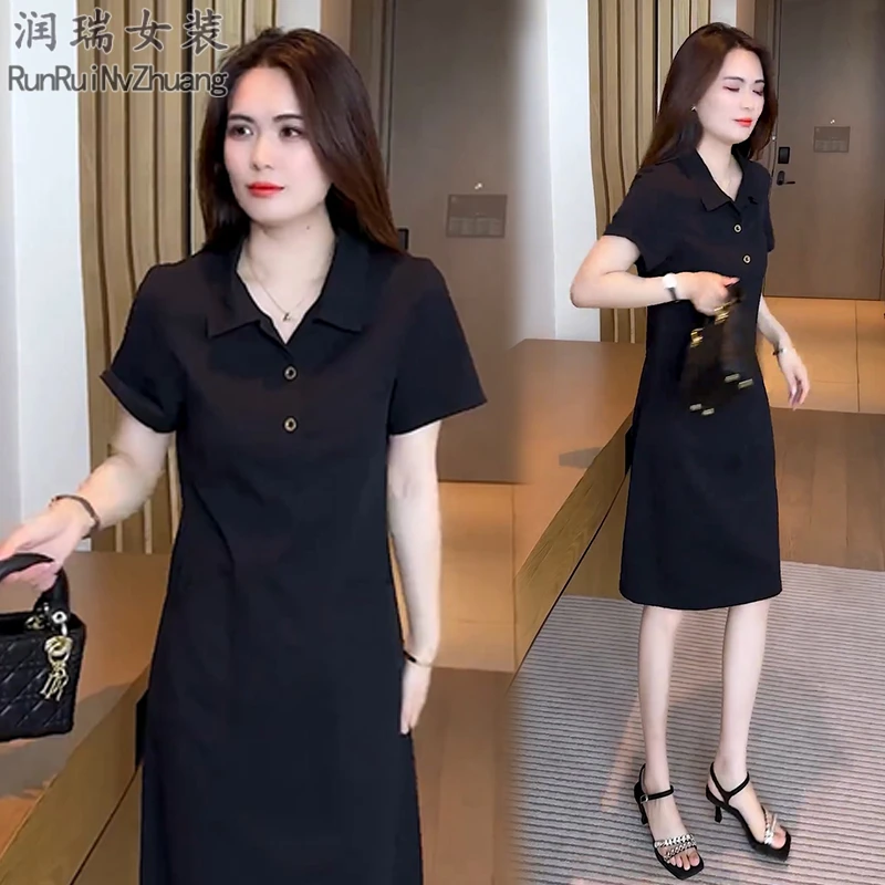 夏季翻领短袖连衣裙2025新款韩版小个子宽松休闲纯色大码妈妈长裙