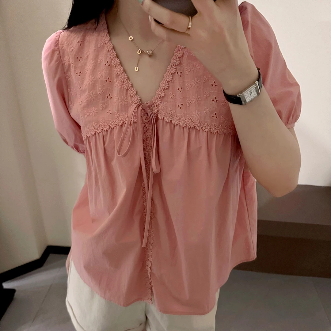 今婷花朵复古衫宽松小衫百搭时尚夏季蕾丝拼接衬衫-J25216306