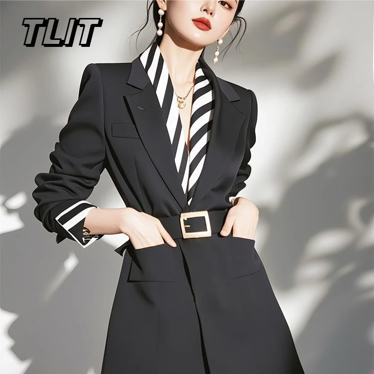 TLIT韩系氛围感穿搭高端精致端庄大气正式场合气质黑色西装连衣裙