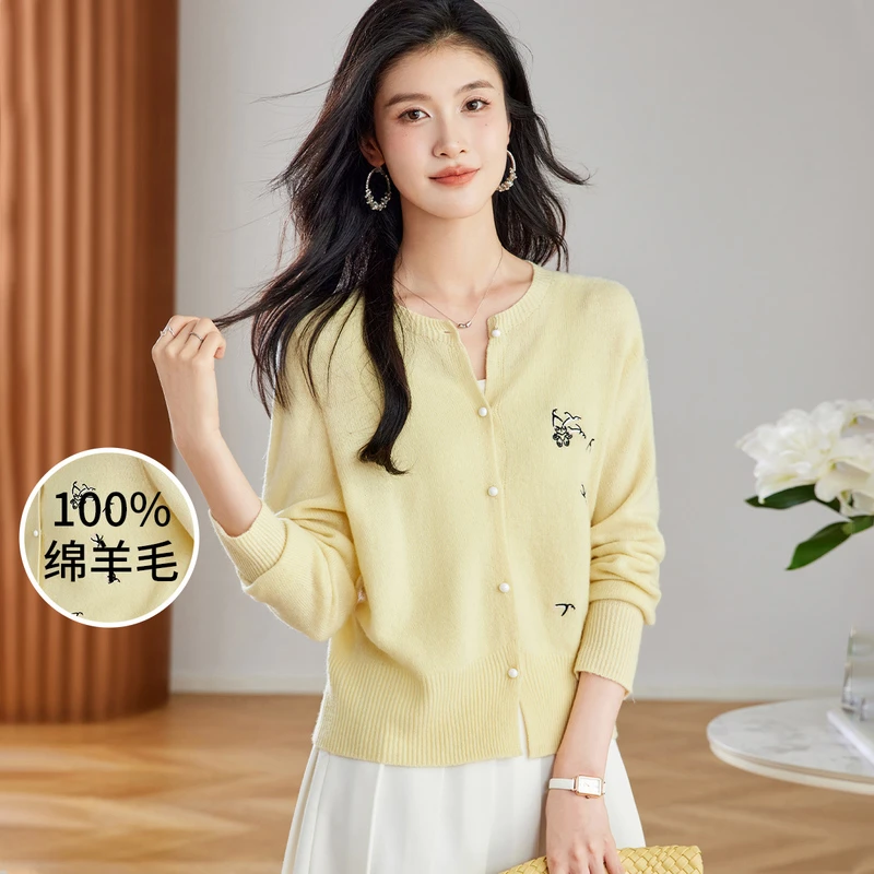 金菊多色可选【100%绵羊毛】25刺绣圆领时尚女式羊毛开衫W8522068