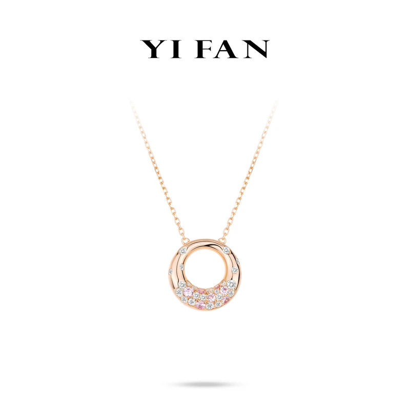 吊坠925银合成锆石 20172-玫金色满钻粉白月牙圈圈豪镶百搭项链