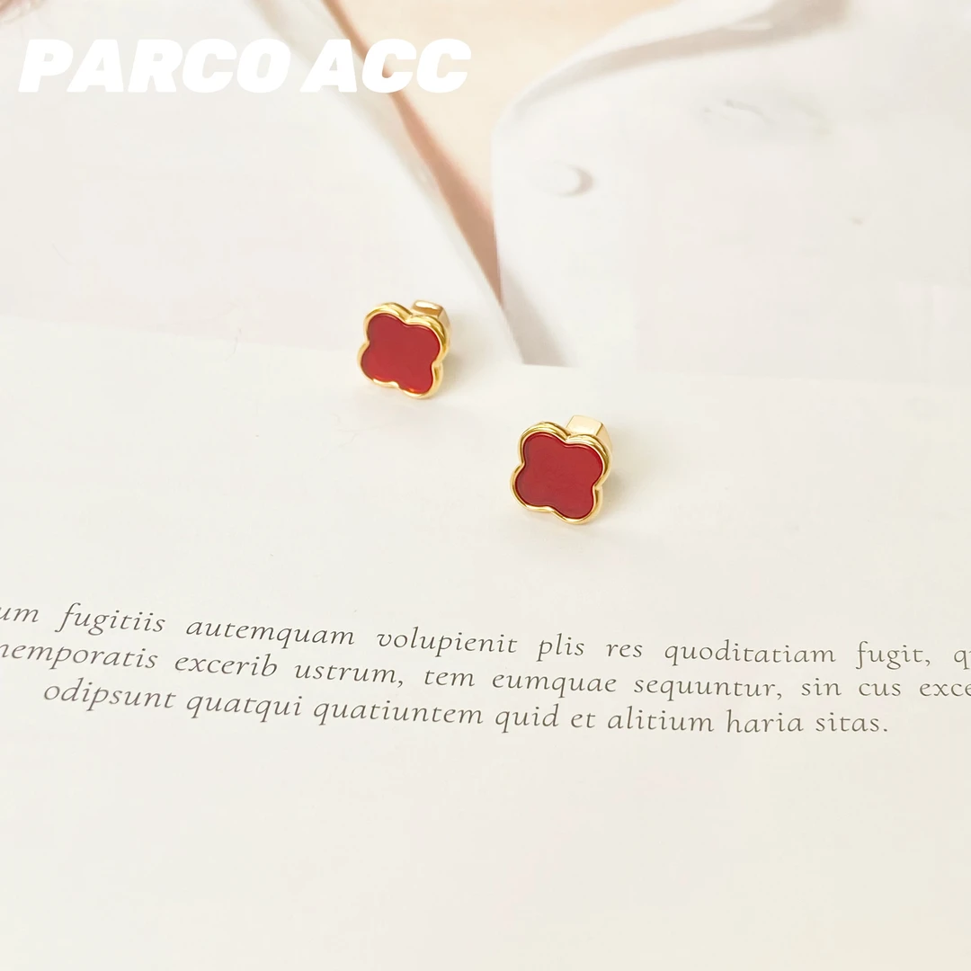 铜合金耳饰 E418 红色四叶草耳钉
