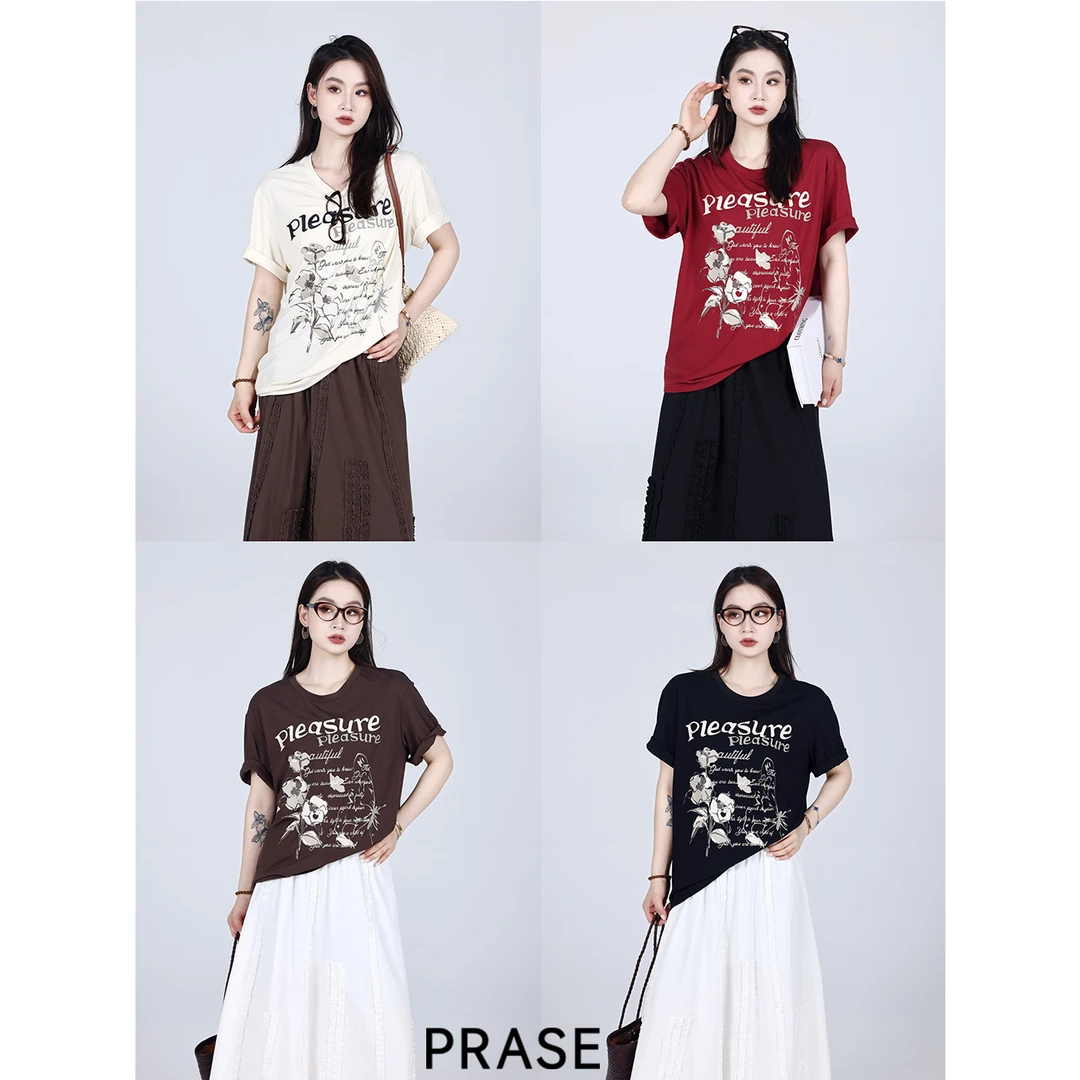 PRASE·噜【美术馆】微胖轻奢设计款夏休闲百搭针织印花T恤PR504C54