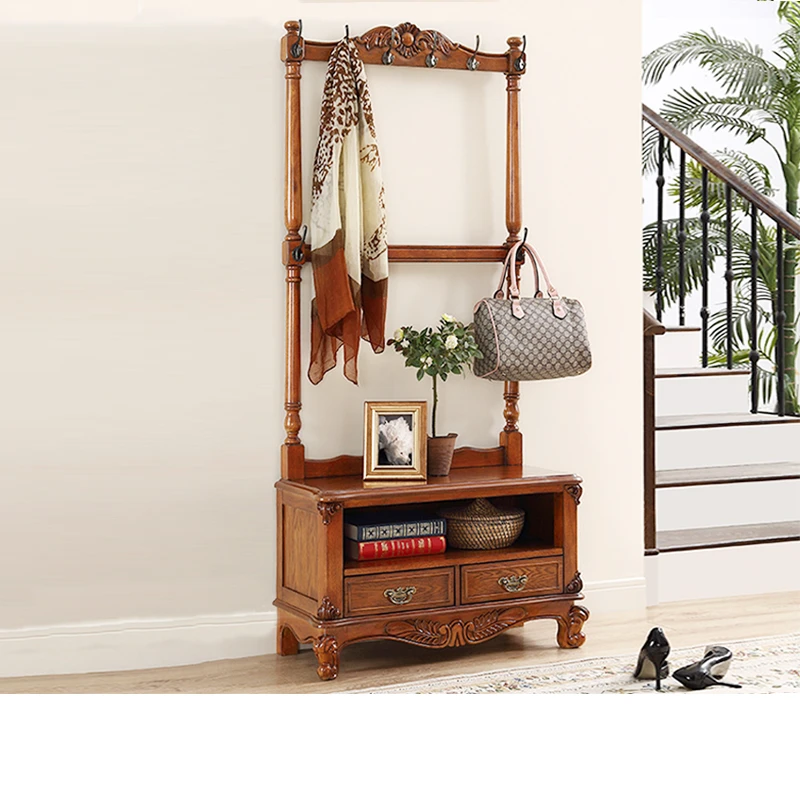 星佳巢美式实木落地衣帽架欧式入户进门换鞋柜一体卧室挂衣靠墙试