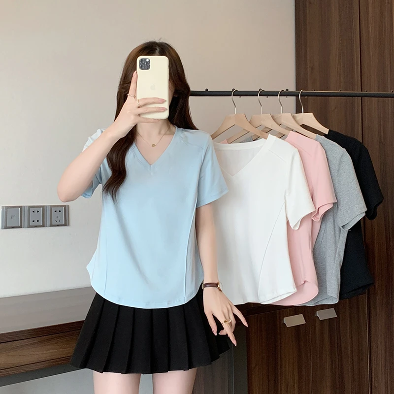 Q2025夏装新款胖mm大码女韩版设计感纯色v领显瘦正肩短袖T恤A1314