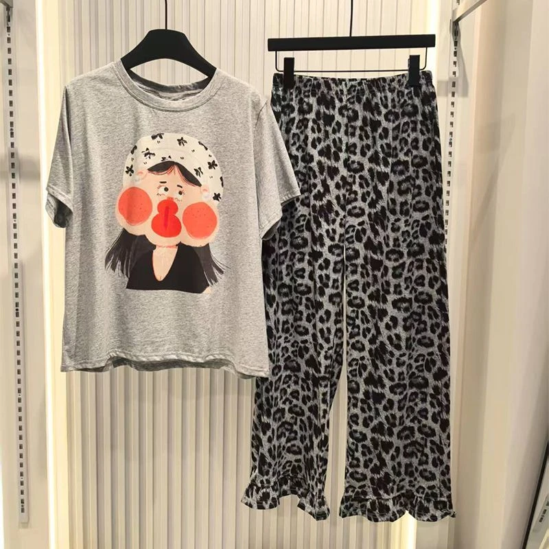 2025年新款家居服夏季薄款甜美女孩卡通豹纹裤半袖睡衣套装女大码
