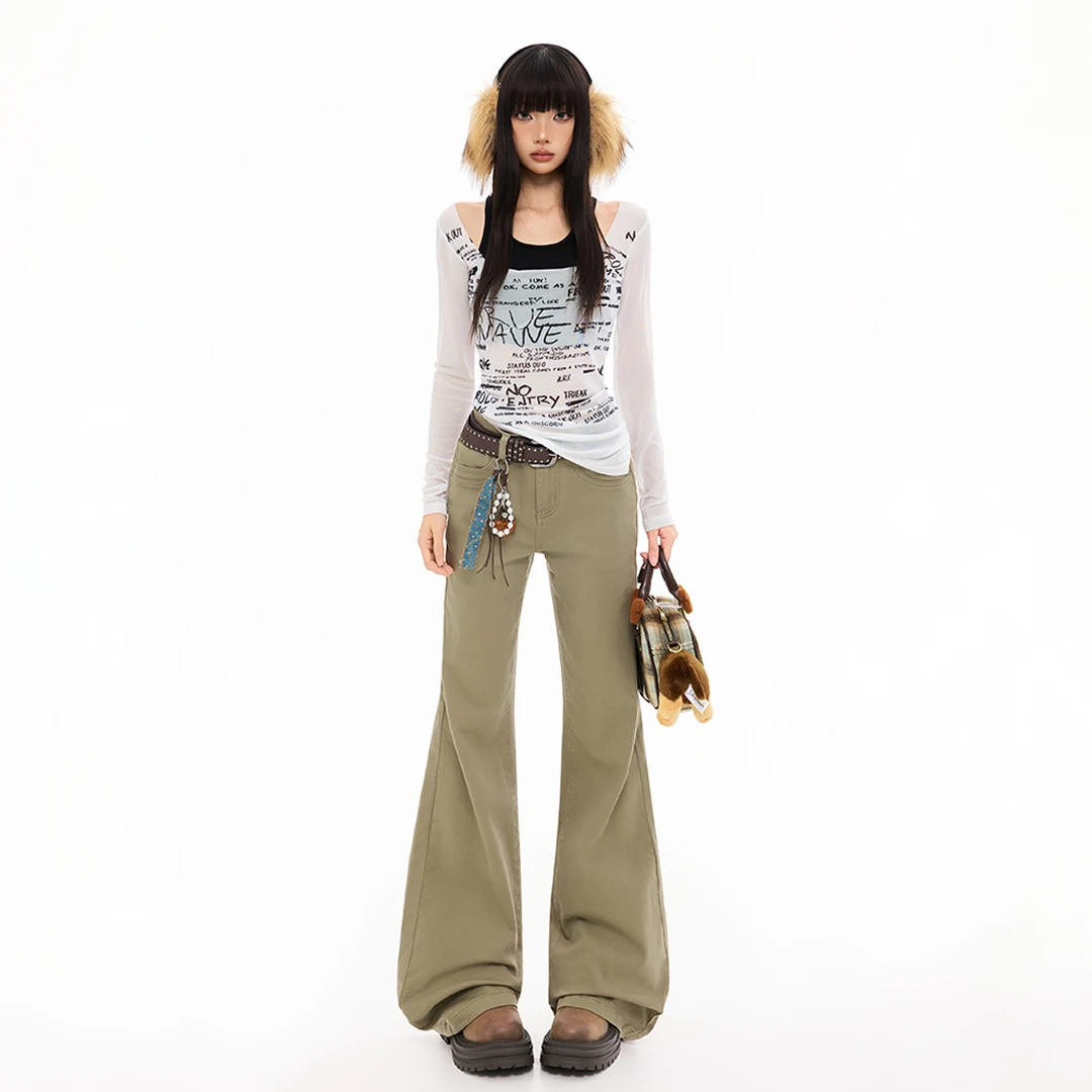 Busrr美式拉链设计微喇牛仔裤秋季新款修身显瘦不贴腿拖地喇叭裤