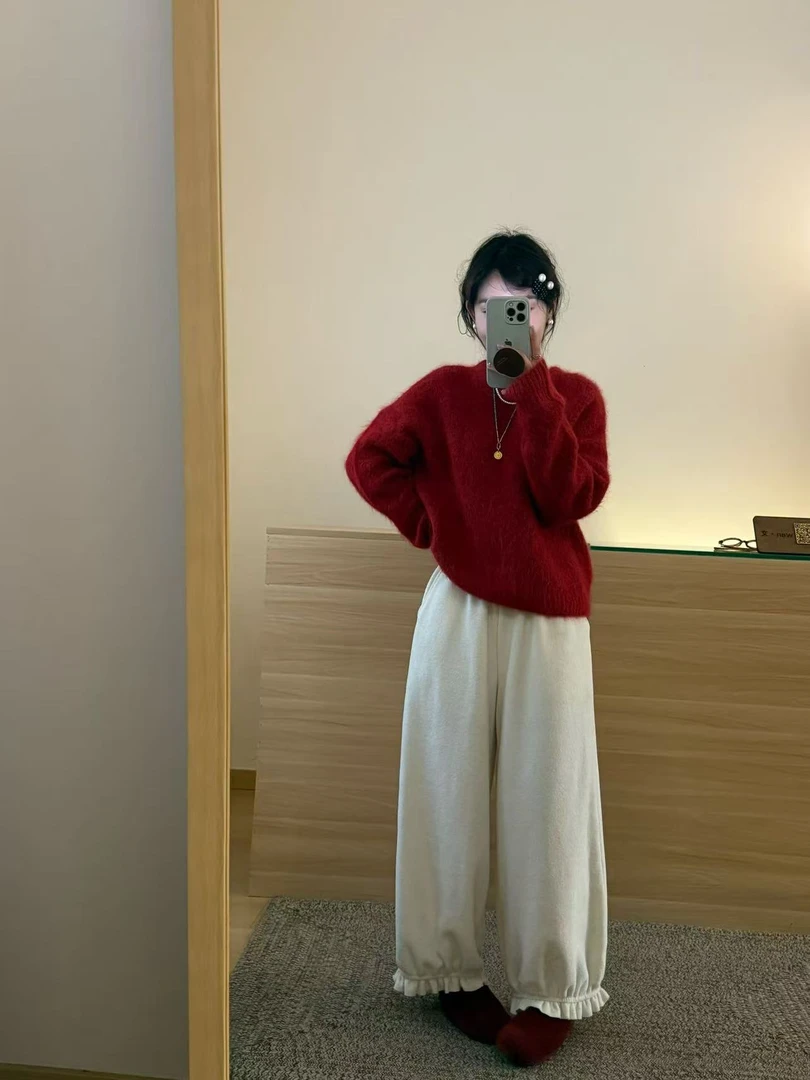新年圣诞红色毛衣女2026秋冬新款韩系圆领套头针织上衣休闲裤套装