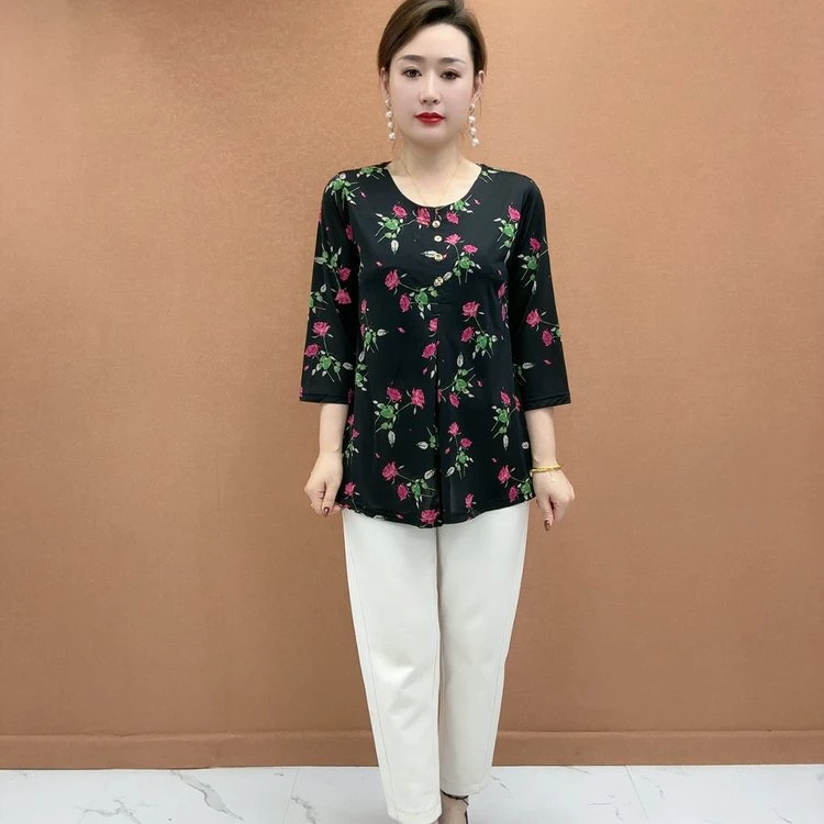 中老年碎花T恤妈妈装大码薄款透气小衫女洋气阔太太气质7分袖上衣