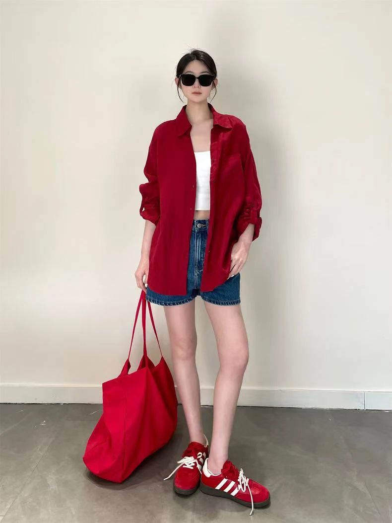 秋季新款时尚小个子百搭优雅韩系气质红色长袖V领衬衫女AM25325