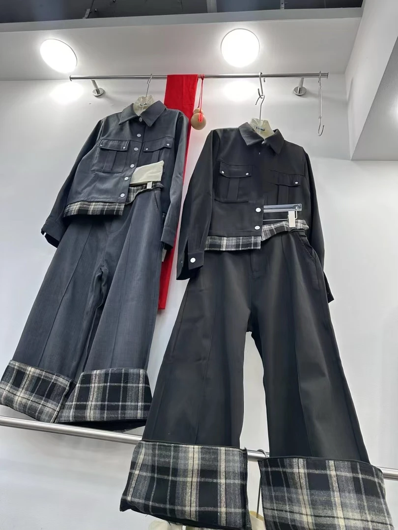 格纹拼接短款西装外套女春季新款直通阔腿西装裤套装