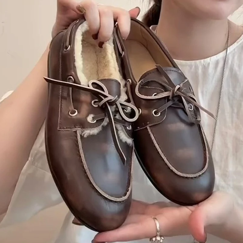 牛皮！乐福鞋女2025新款复古英伦风圆头系带懒人一脚蹬平底小皮鞋