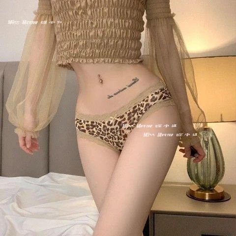 欧美无痕豹纹内裤女低腰性感蕾丝边结薄款少女三角裤冰丝透气