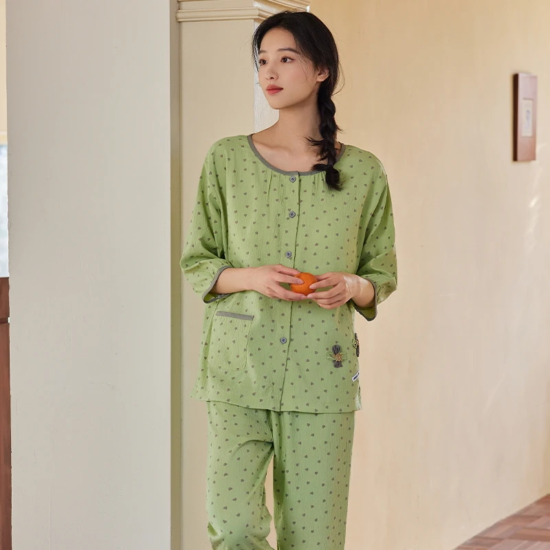 2336夏季带胸垫云朵棉七分袖九分裤休闲女士睡衣家居服套装MJL
