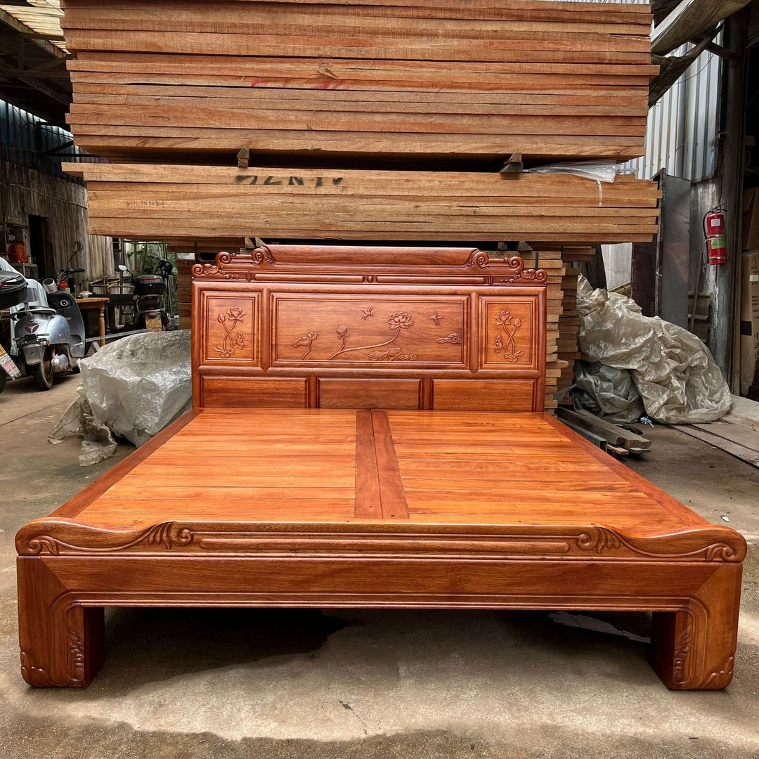 6008工厂直营红木款式大脚款古典新中式荷花雕花主卧全原木实木床