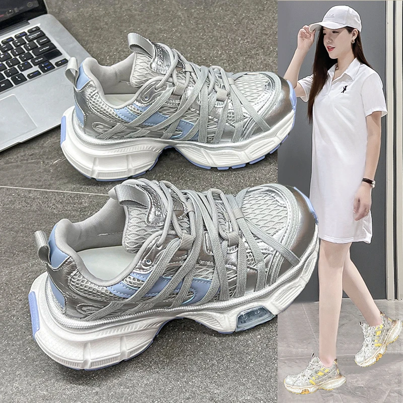 轻奢绑带网面厚底老爹鞋2025夏季新款增高透气圆头小众运动休闲鞋