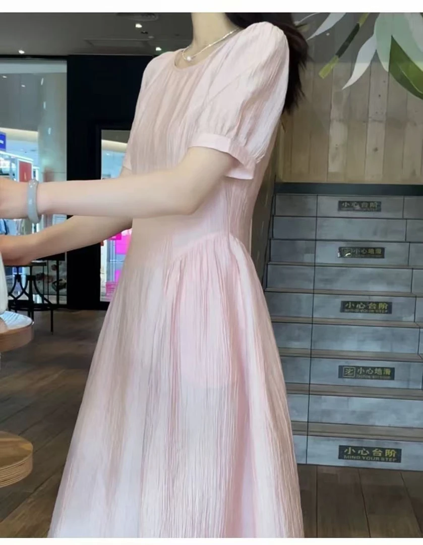 X195肌理感藕粉色休闲连衣裙夏季新款显瘦A字中长裙