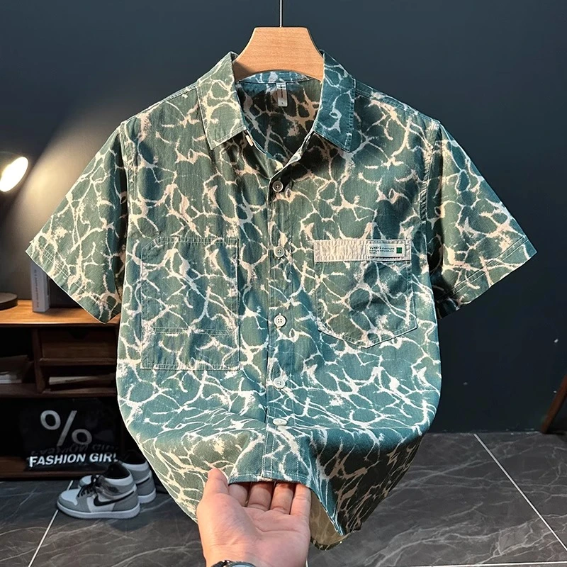 U&PURA轻奢潮流个性印花短袖衬衫男士夏季时尚休闲百搭宽松衬衣