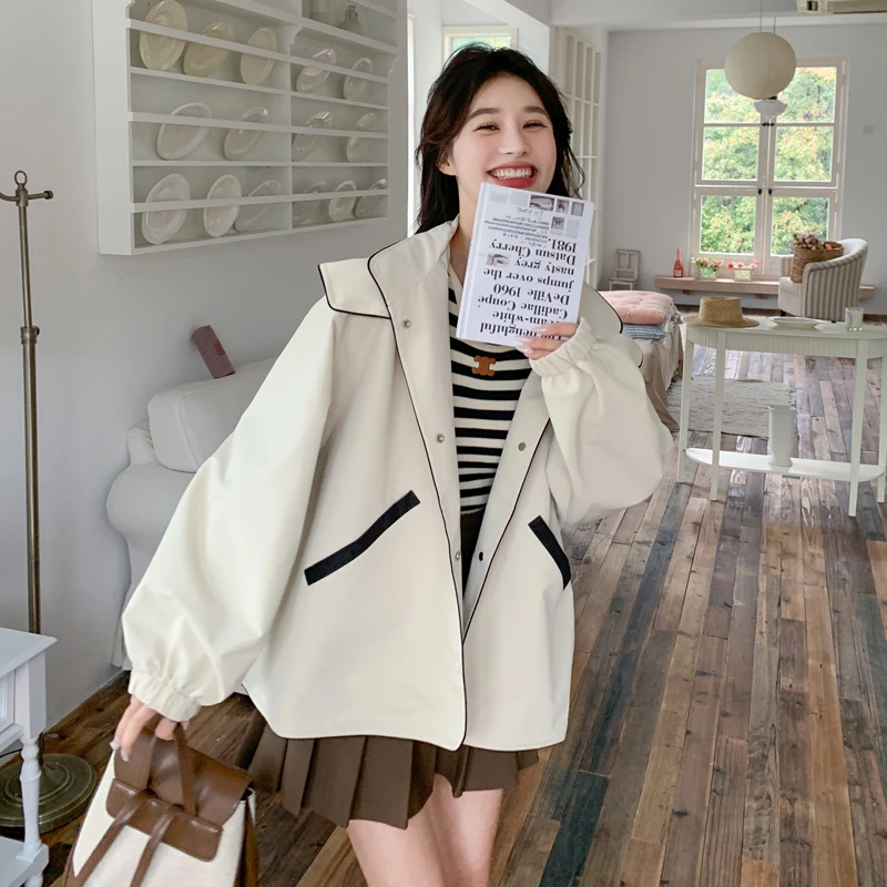 短款米白色连帽冲锋衣外套女2025秋季新款休闲宽松小个子工装上衣