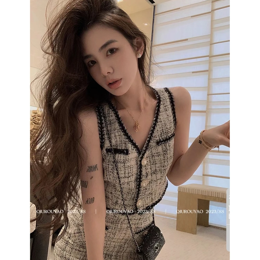 【01】小香风套装2025春季新款设计感 无袖上衣＋半身裙小个子两件