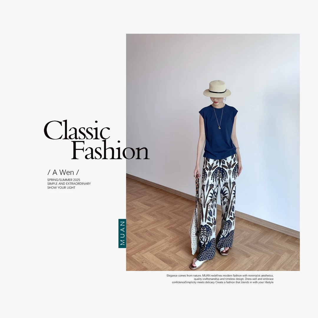 《椰林风光裤》定制百搭亚麻长裤宽松阔腿裤女YJ-23959