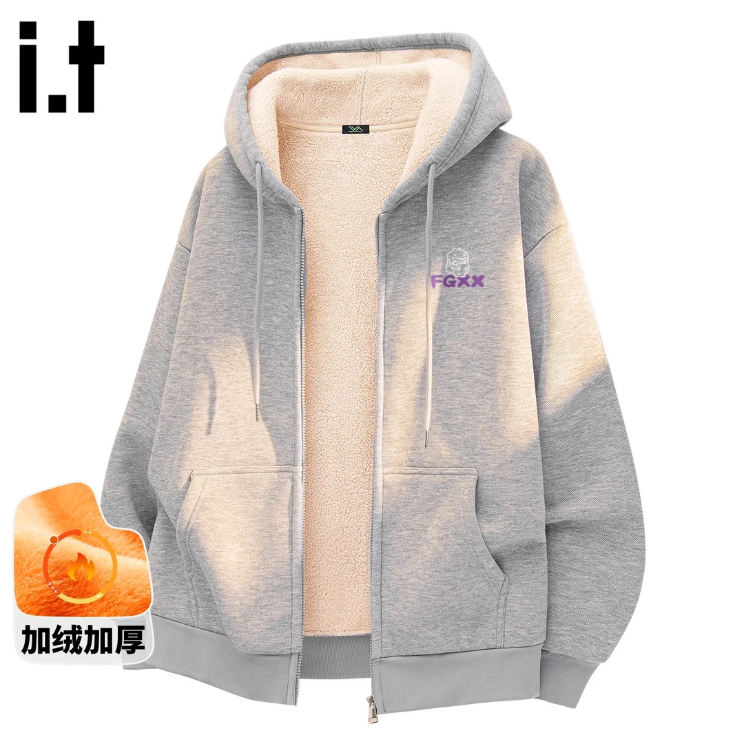 it FINGERCROXX秋冬新款开衫卫衣女款麻灰色重磅加绒保暖连帽外套