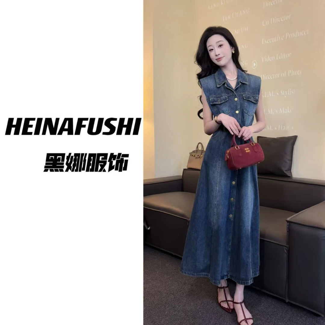 【清仓】 复古无袖收腰牛仔连衣裙7709