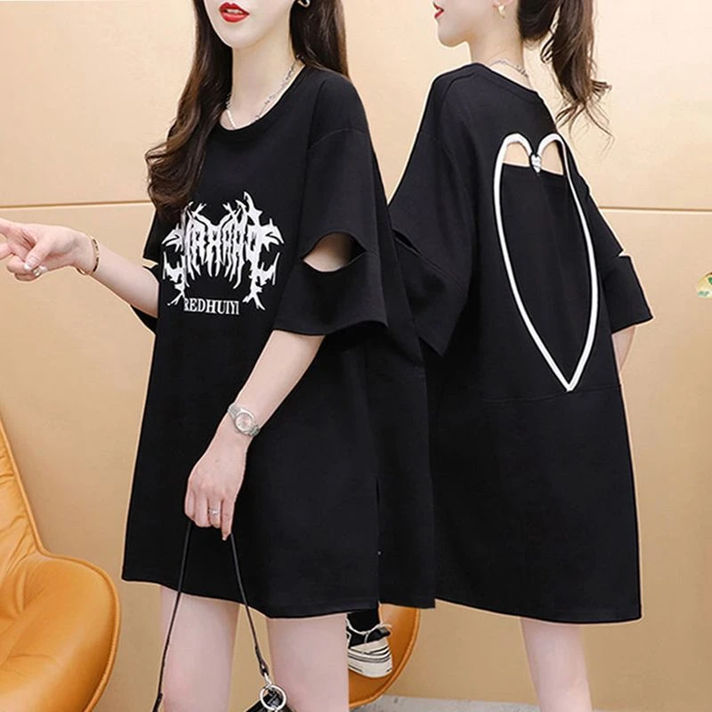 小心机镂空露背休闲短袖T恤女2025夏季新款韩版宽松中长款上衣服