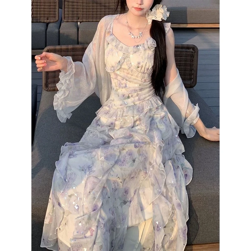 【星辰梦境】300斤大码胖mm浪漫温柔风收腰亮片显瘦遮肉吊带连衣裙