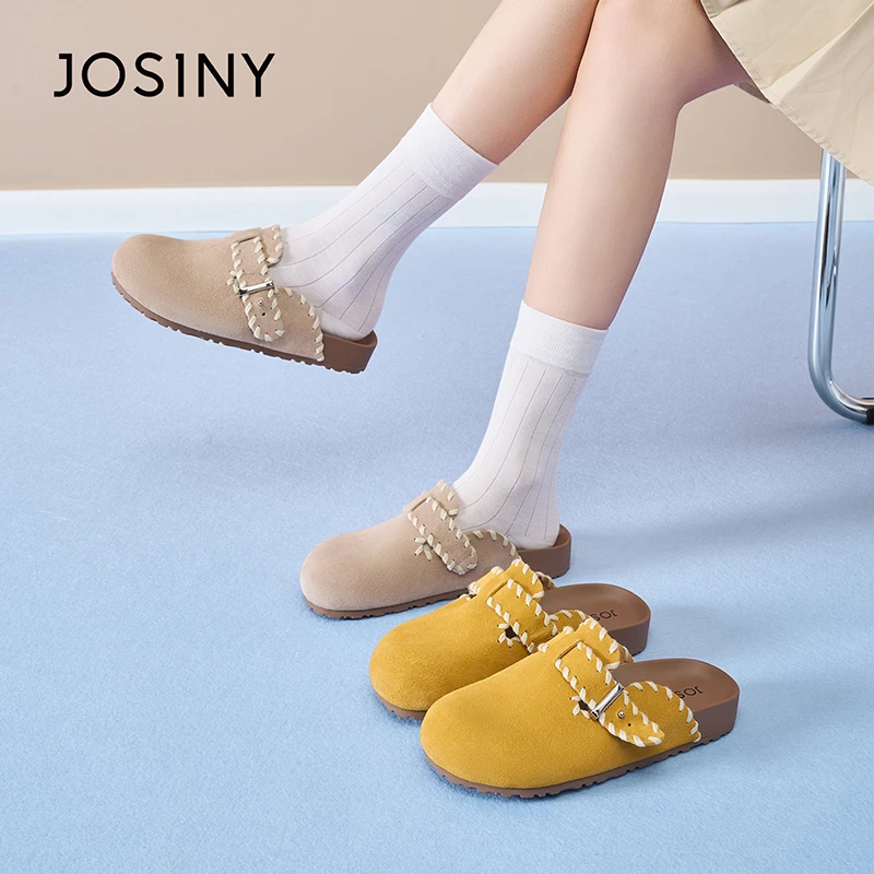 卓诗尼勃肯鞋女鞋2025新款秋季休闲包头一脚蹬厚底平底皮制半拖鞋