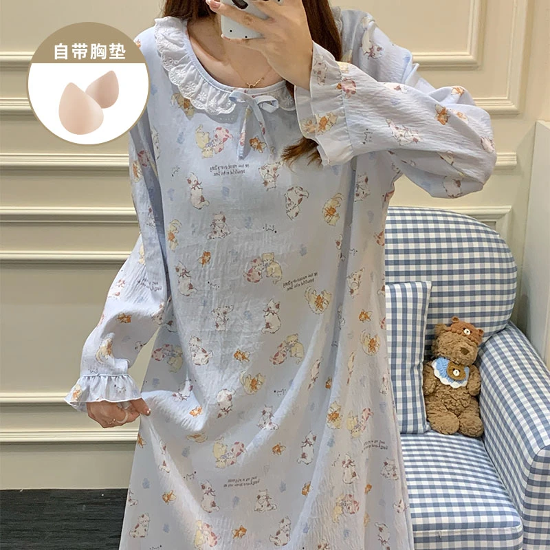 可爱猫咪带胸垫长袖睡裙女款春秋季中长款裙子睡衣女士家居服外穿