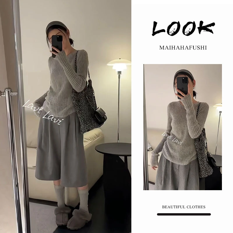 秋季一整套女装2025新款韩版时尚显瘦圆领针织上衣西装阔腿裤套装