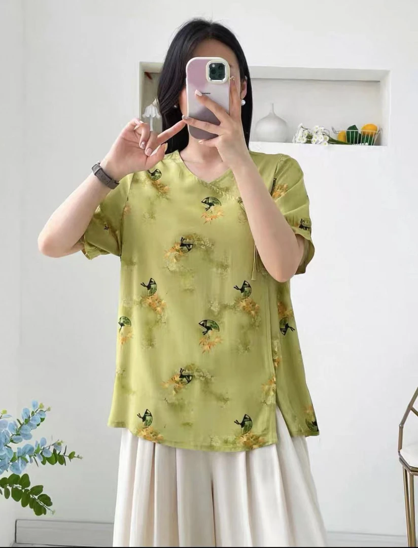 棉绸短袖上衣女夏季宽松时尚气质妈妈大码民族风人造棉T恤衫薄款