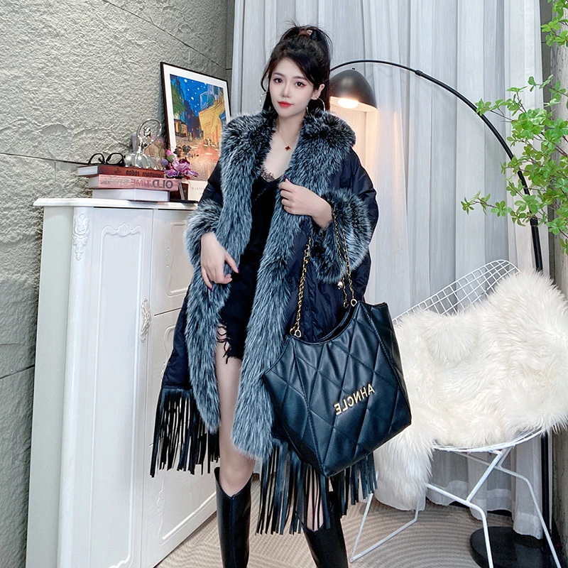 Bikamo/比卡陌2025冬季时尚穿搭大毛领白鸭绒羽绒服P0208黑色