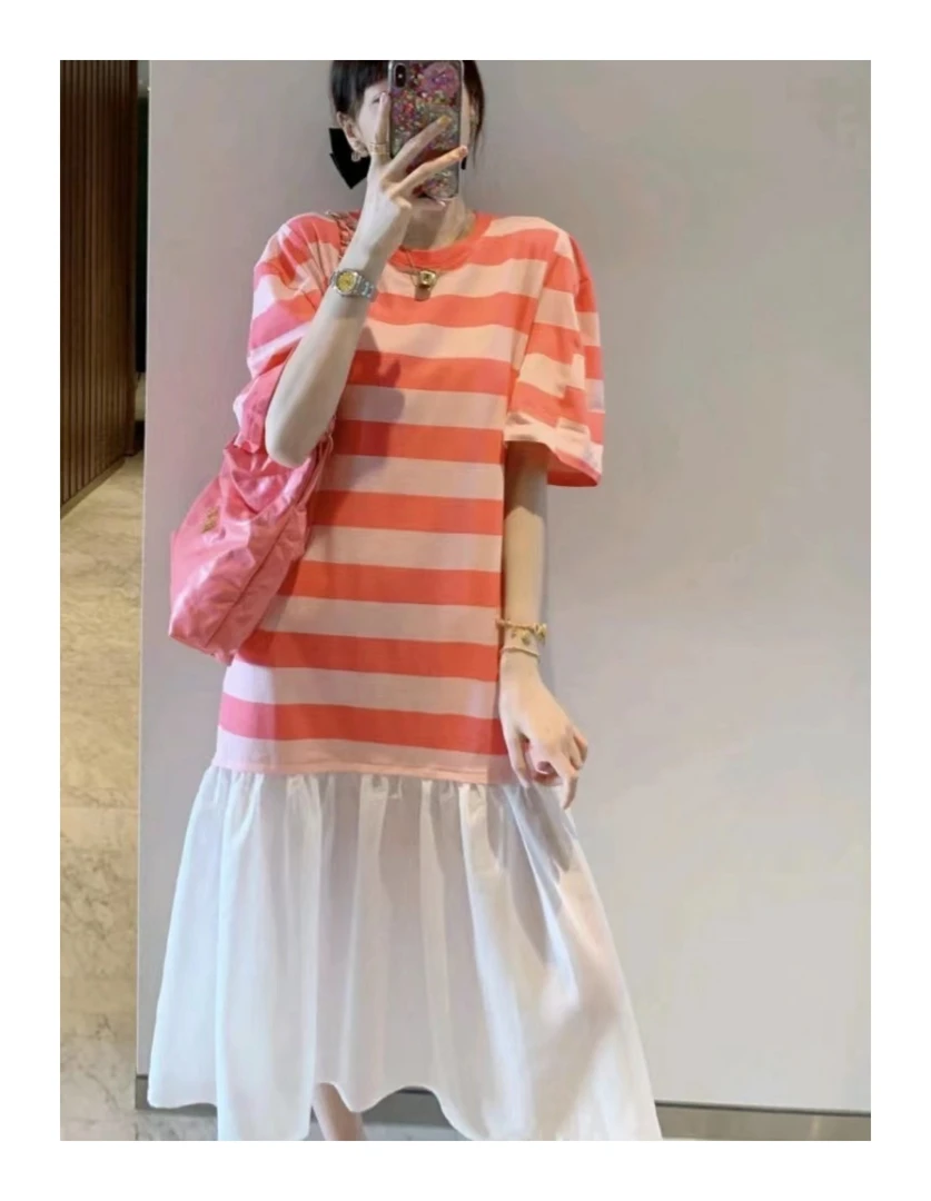 粉条纹下摆拼接白色网纱短袖慵懒风连衣裙#z332