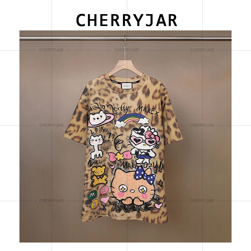 Cherryjar【251020】休闲虎皮色豹纹卡通印花亮片点缀重工可爱T恤